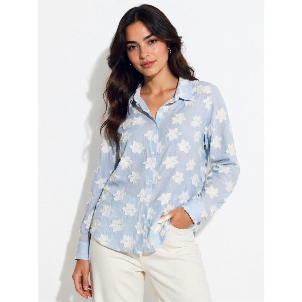 Foxcroft NYC Blue Stripe Floral Appliqué Button Shirt  Size 4